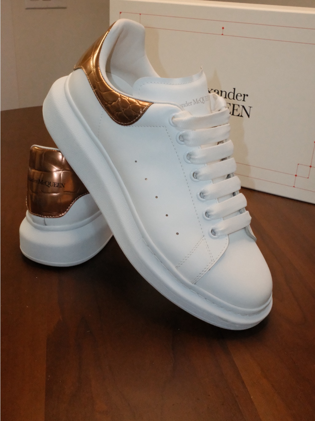 Alexander Mcqueen White Sneakers With Rose Gold Croc Heel Tab